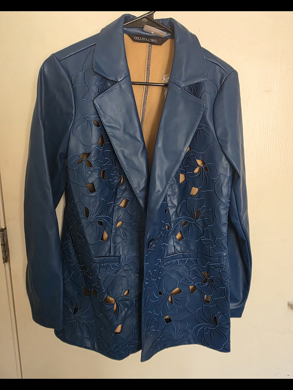 ​Colleen Lopez Faux Leather Floral Cutout Blazer Jacket Lake Blue Women's